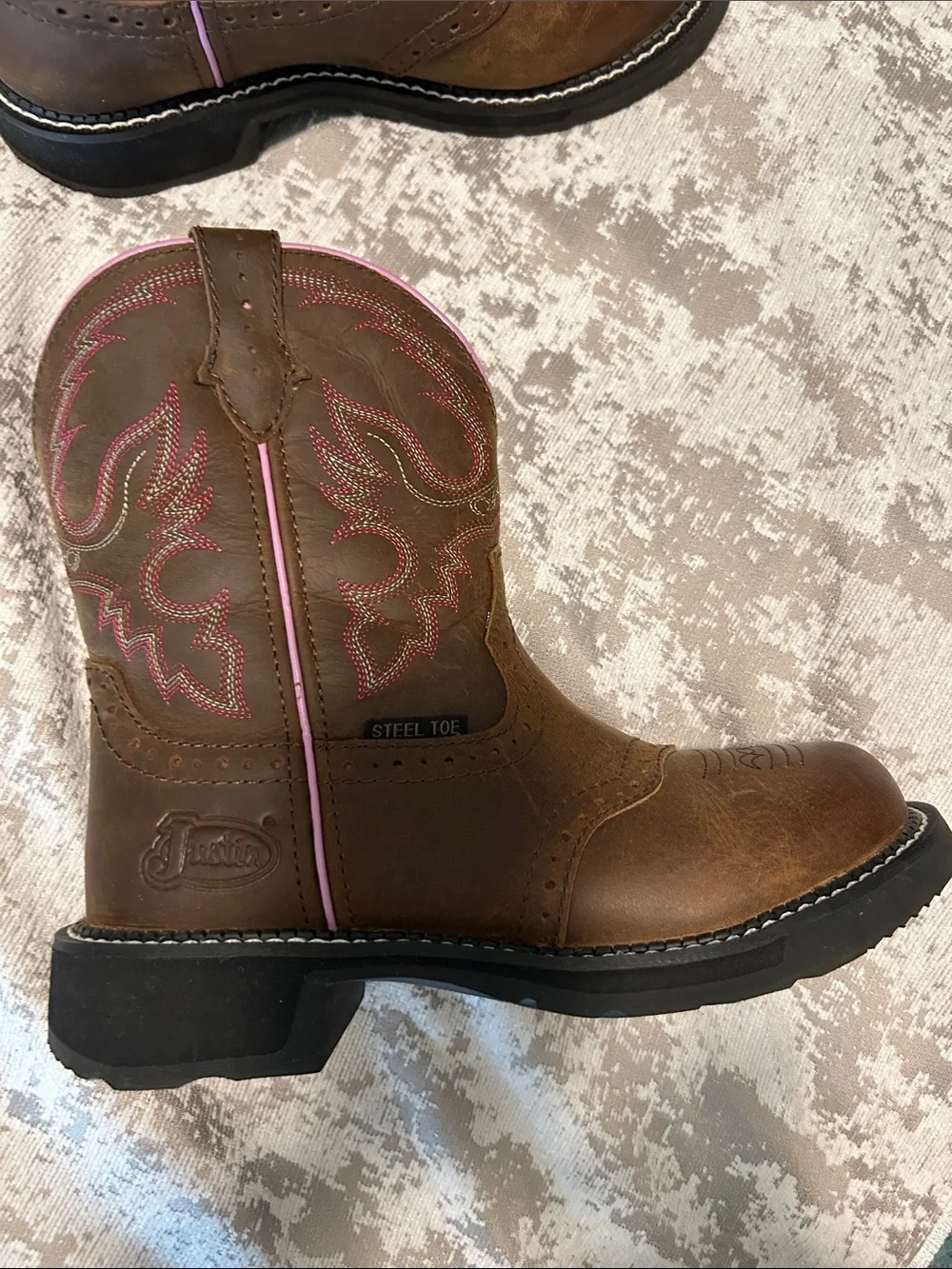 Justin Boots Brown Leather Steel Toe Western Work Boots with Pink Accents